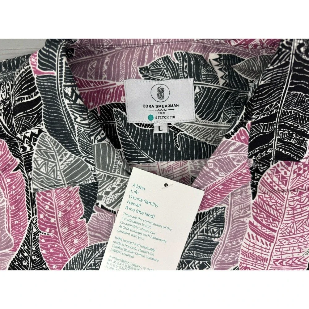 Cora Spearman L Mens Hawaiian Shirt Short Sleeve Leaf Pattern Black Gray Pink